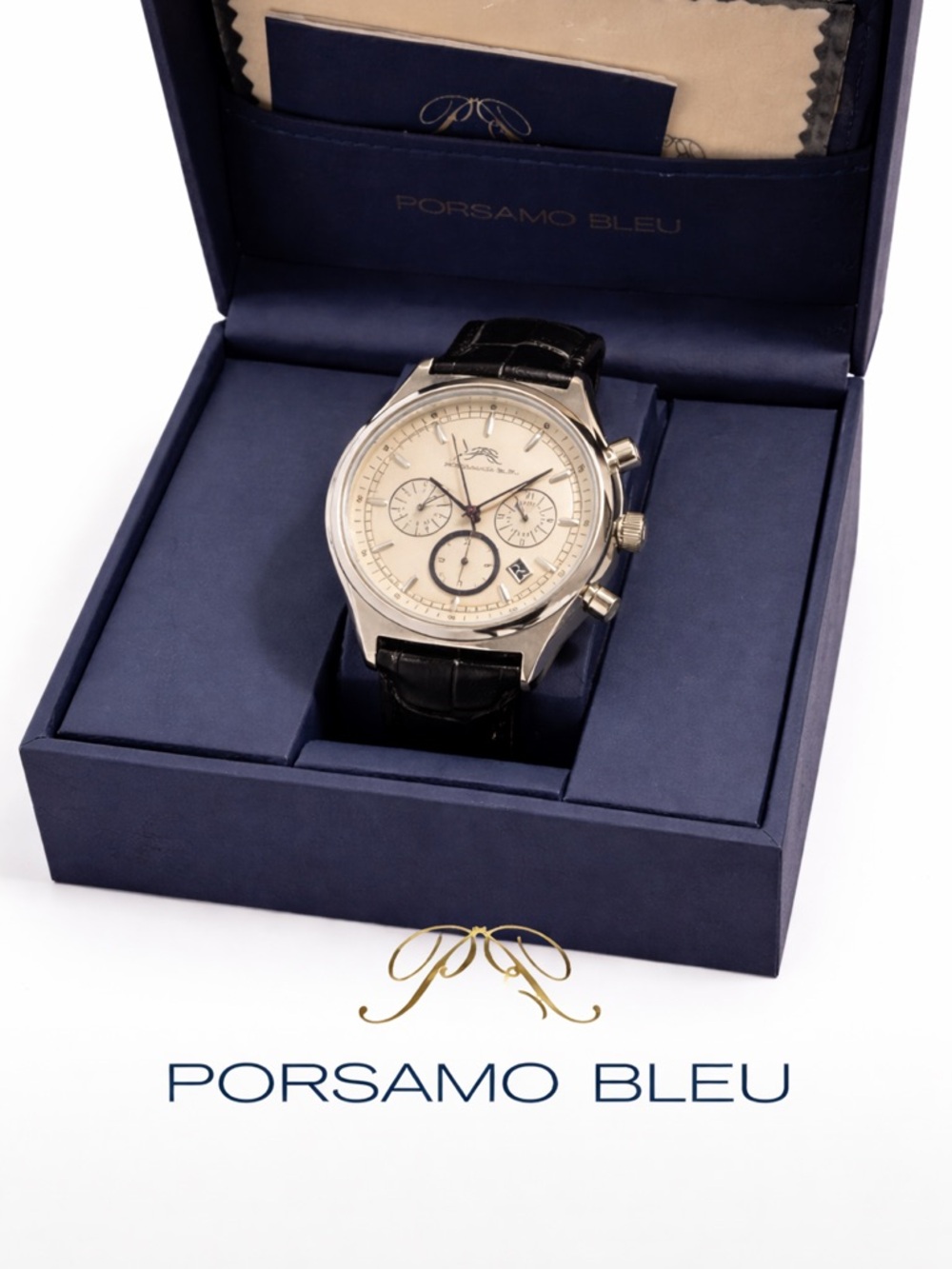 Porsamo Bleu Cream Dial Chronograph with Black Leather Strap